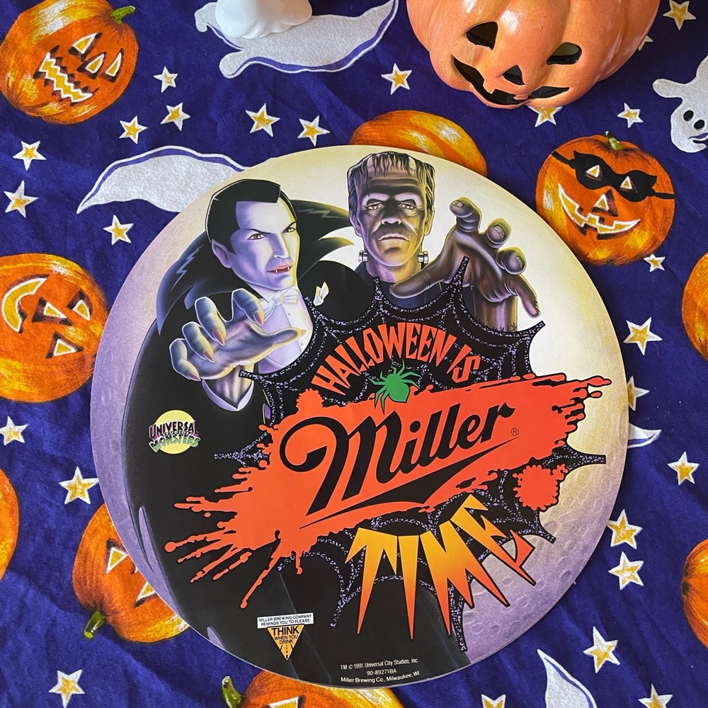 Vintage 1991 Halloween Miller time beer double sided poster decoration